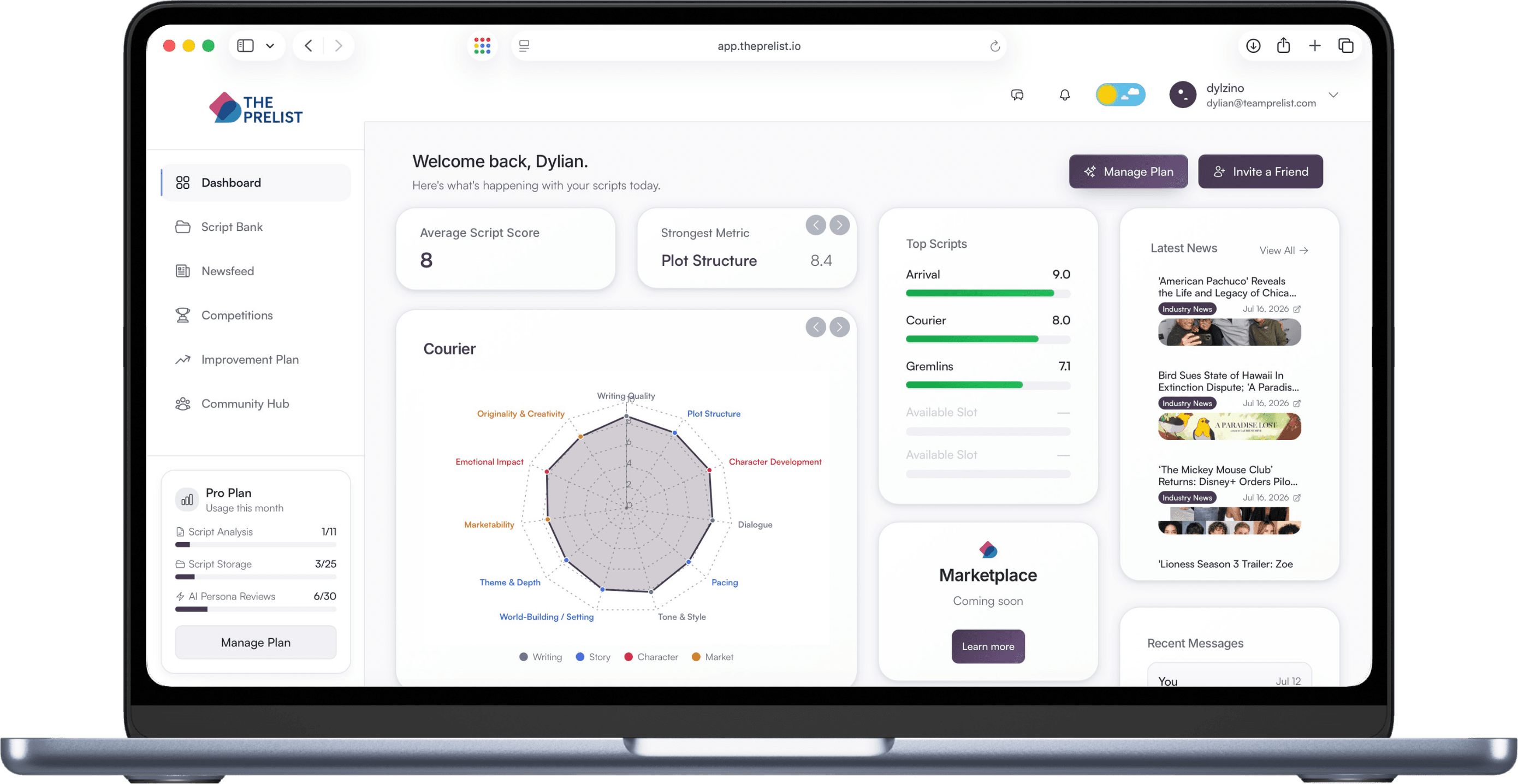 The PreList dashboard on a MacBook