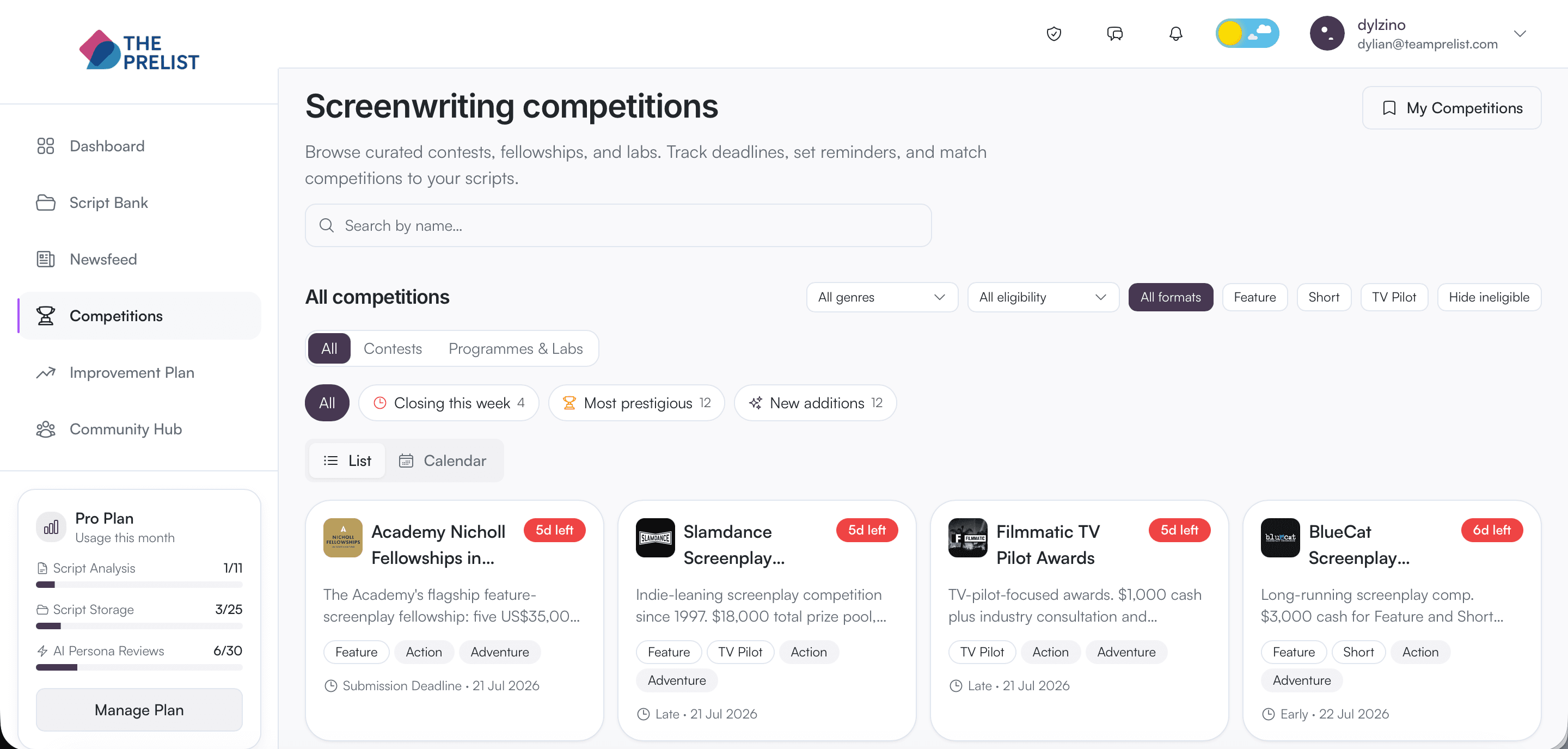 The PreList competitions browse page showing genre filters, urgency badges, and competition tiles