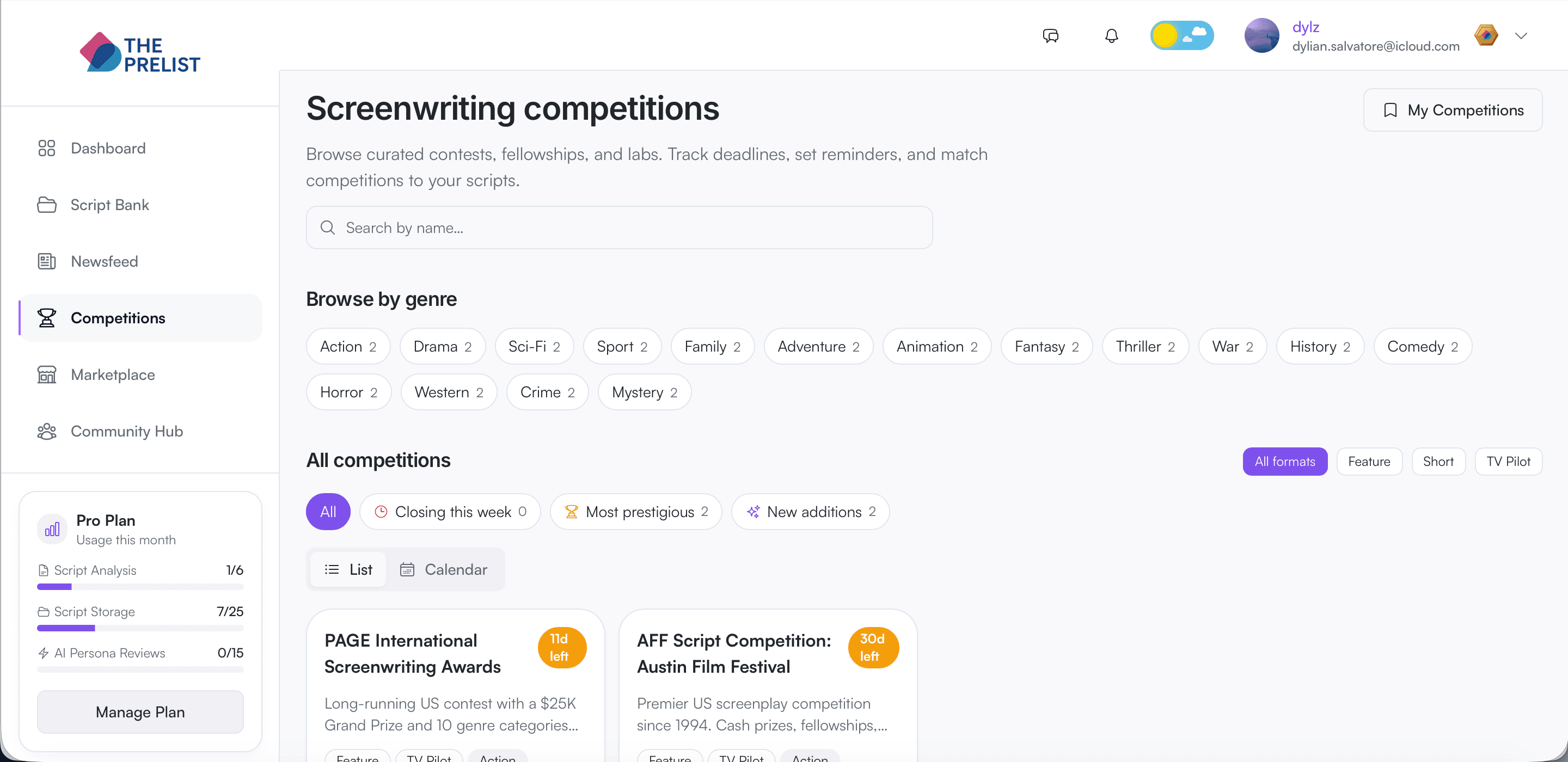 The PreList competitions browse page showing genre filters, urgency badges, and competition tiles