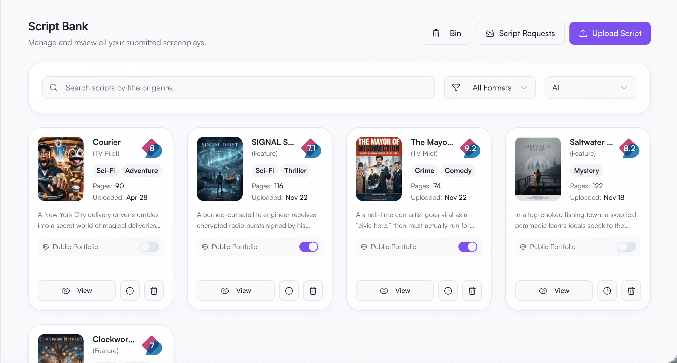 Script Bank page showing multiple stored screenplays with covers and metadata